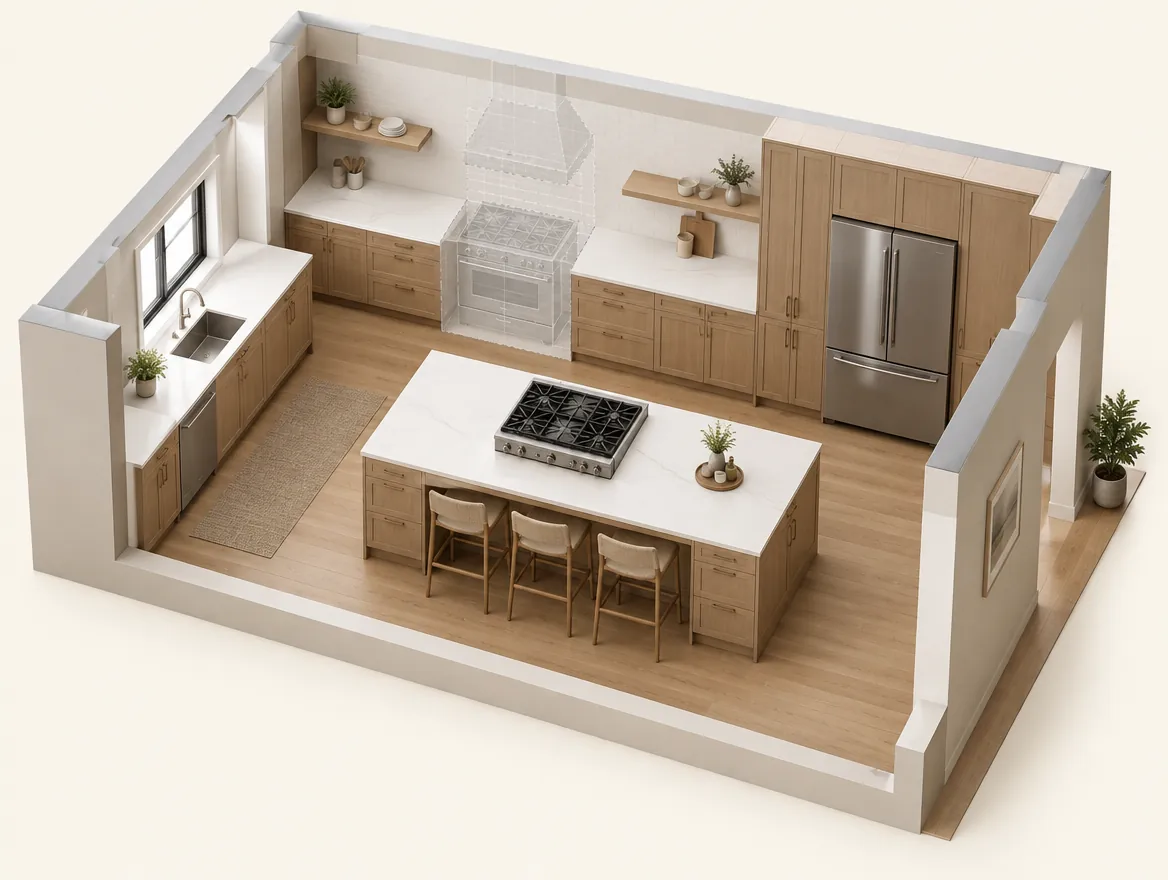 Kitchen appliance being relocated with auto-transforming cabinet layout