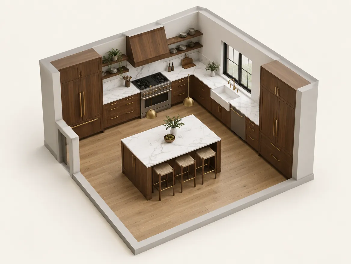 Low-poly 3D kitchen with realistic material skinning